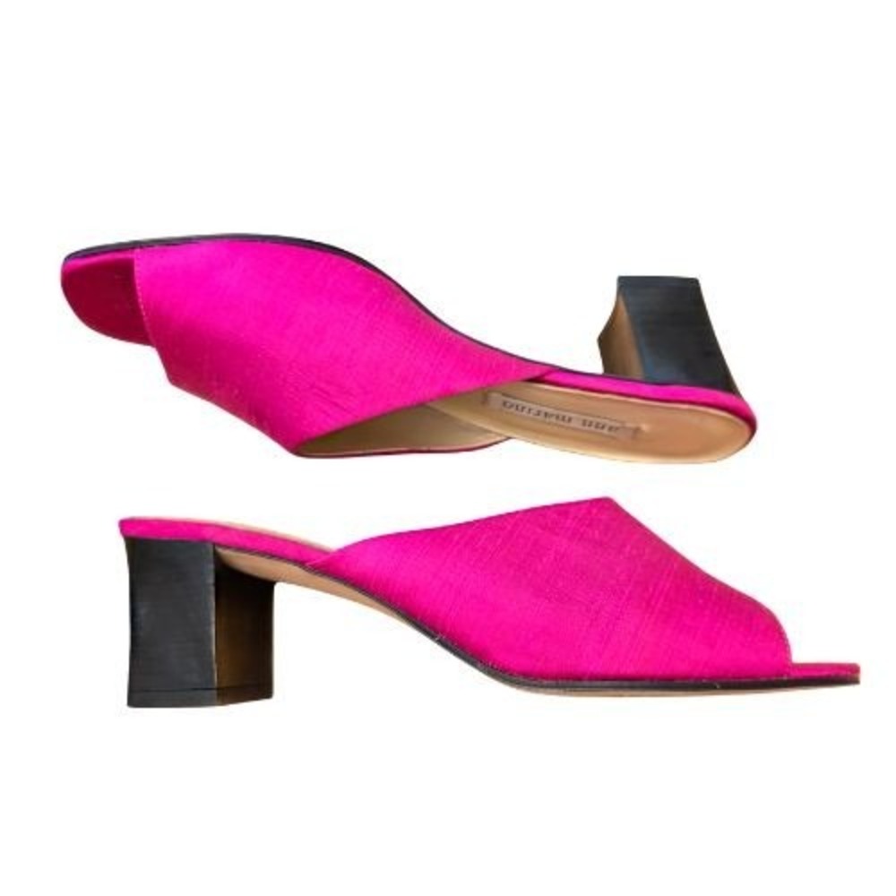 Ann Marino Easy On Pink Dupioni Silk Block Heel Peep Toe Mules Sandals 7.5M Box